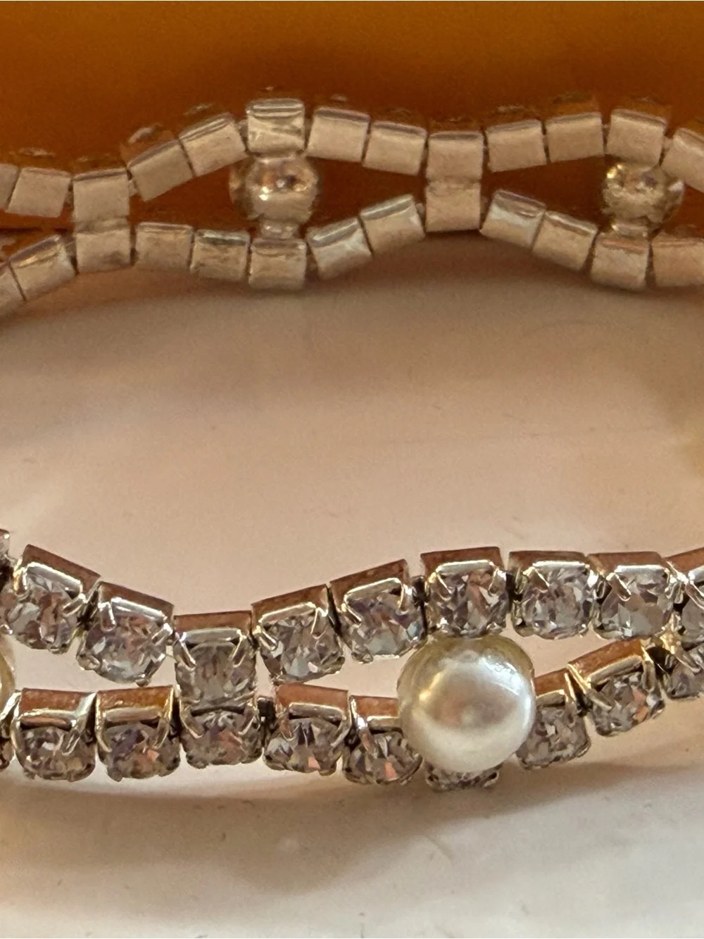 Pearl & Rhinestone Double Strand Statement Bracelet | Sterling Silver and CZ